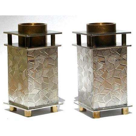 Joy Stember Pewter and Brass Shabbat Candlesticks with Patchwork Texture