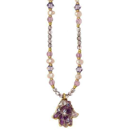 Michal Golan Amethyst and Pearl Beaded Hamsa Necklace