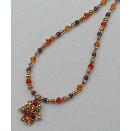 Michal Golan Autumn Swarovski Crystals and Glass Hamsa Necklace