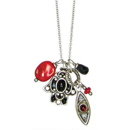 Michal Golan Black and Red Hamsa and Evil Eye Cluster Charm Necklace