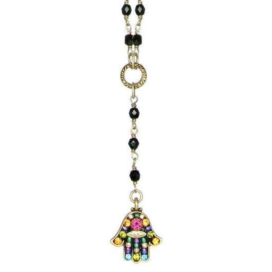 Michal Golan Black Multi Color Drop Pendant Hamsa Necklace