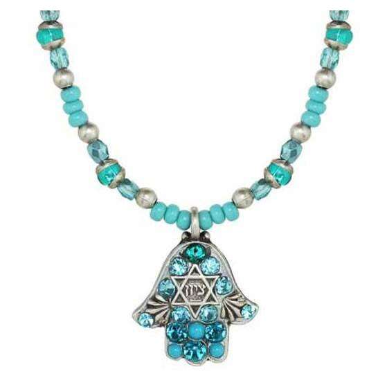 Michal Golan Crystal Hamsa Necklace in Shades of Blue with Star of David