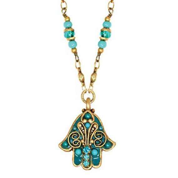Michal Golan Green and Gold Hamsa Necklace