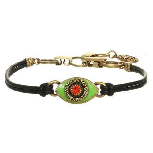 Michal Golan Green and Red Evil Eye Bracelet on Leather