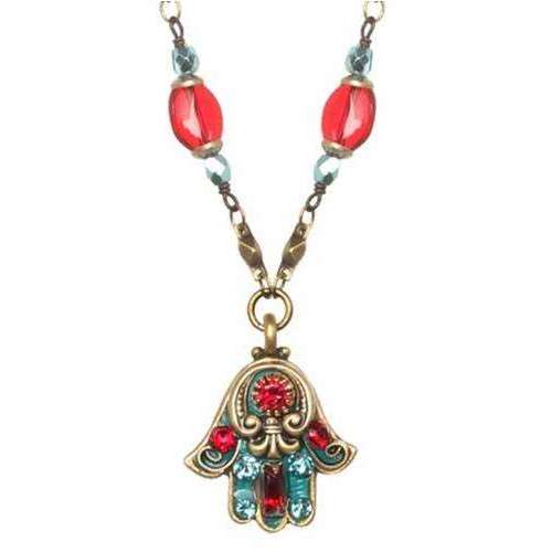 Michal Golan Hamsa Necklace in Red and Teal