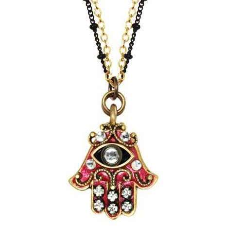 Michal Golan Hamsa Necklace with Evil Eye in Black, Pink, and Gold