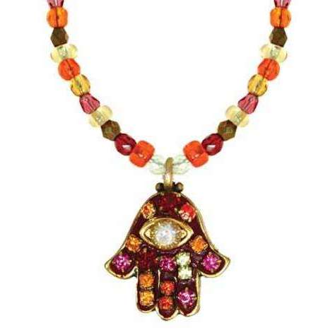 Michal Golan Hamsa Necklace with Evil Eye in Pink, Gold, and Brown