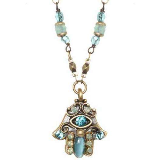 Michal Golan Light Green and Cat’s Eye Hamsa Necklace with Evil Eye