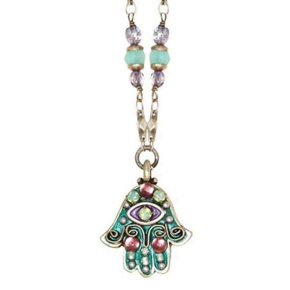 Michal Golan Pale Pink and Green Hamsa Necklace with Evil Eye