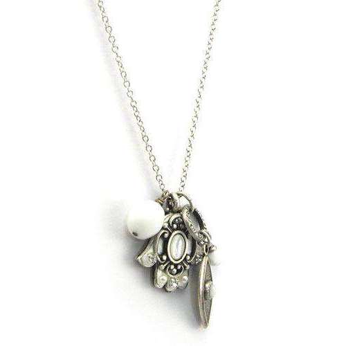 Michal Golan Silver and White Hamsa and Evil Eye Cluster Charm Necklace
