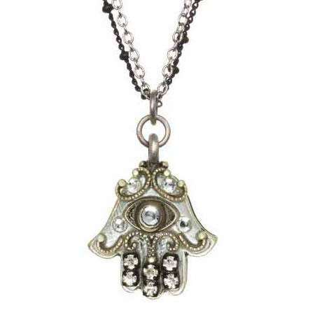 Michal Golan Silver Hamsa Necklace with Evil Eye on Double Chain