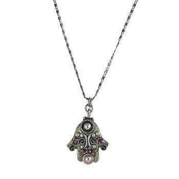 Michal Golan Soft Green and Pearl Hamsa Necklace