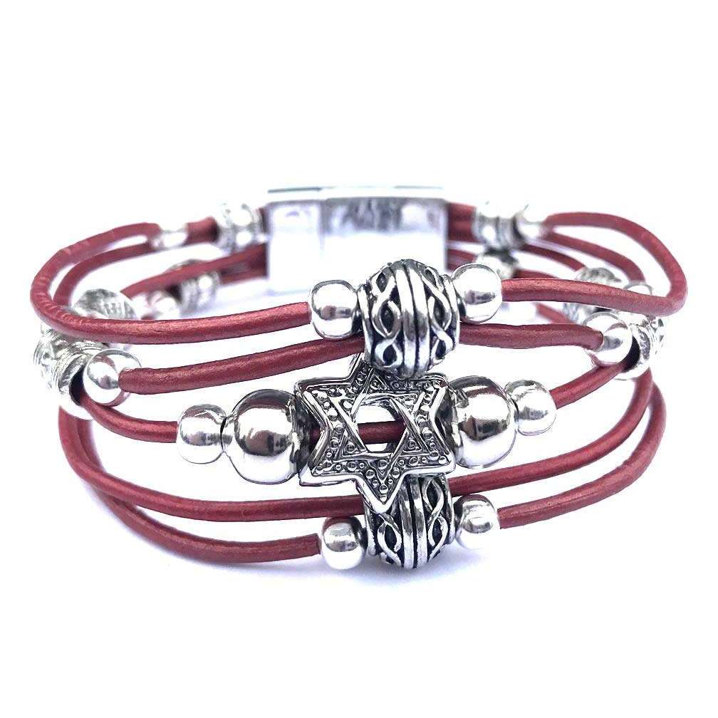 My Tribe Metallic Red Leather Woven Star of David Bracelet