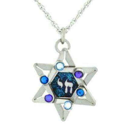 Seeka Dimensional Star of David and Chai Necklace in Shades of Blue