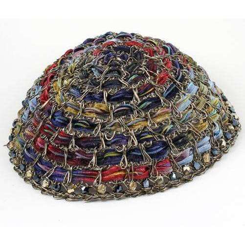 Studio Jere Vintage Bronze Wire Kippot with Ribbon in Deep Shades of Blue, Red, and Green