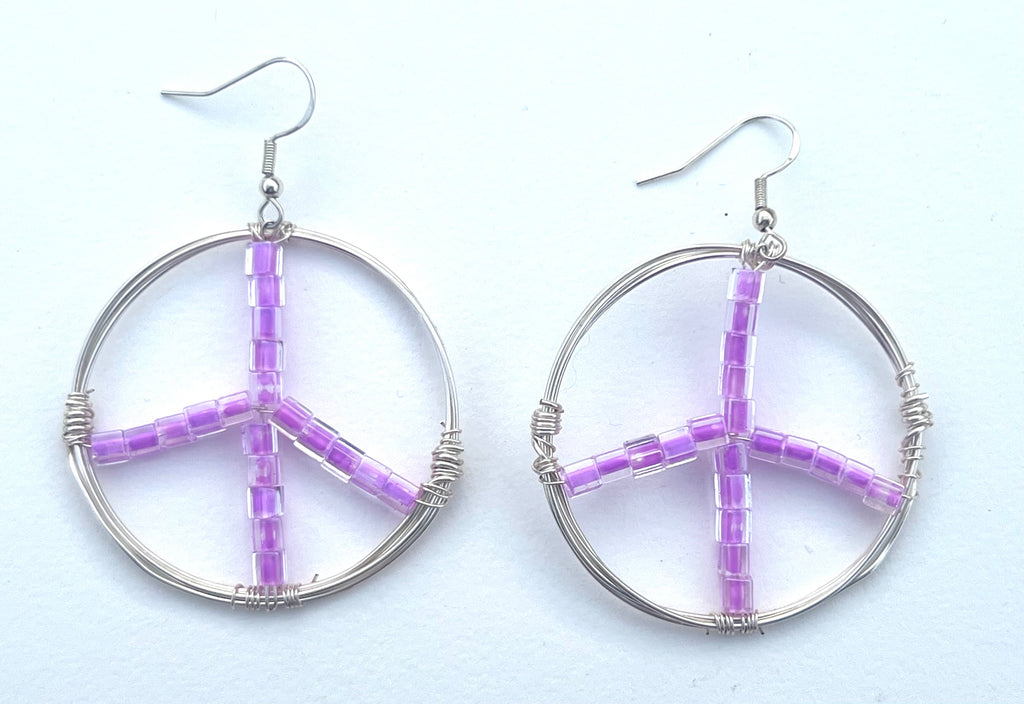 Wire-Wrapped Peace Earrings with Pink Beads