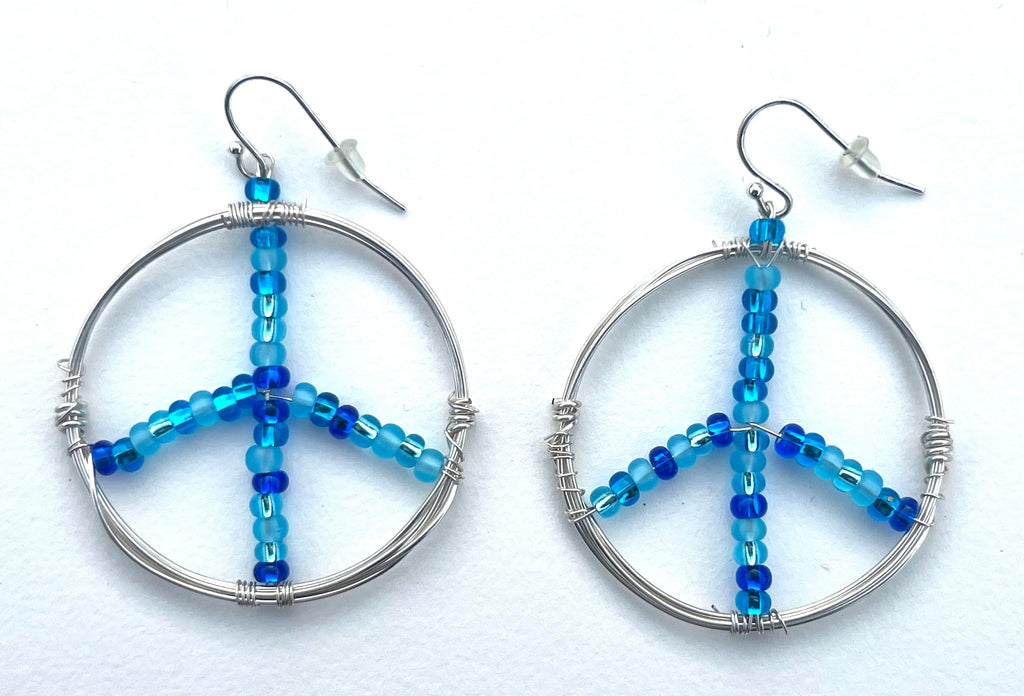 Wire-Wrapped Silver Peace Earrings with Blue Round Beads