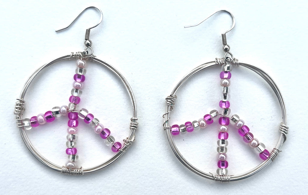 Wire-Wrapped Peace Earrings with Pink Round Beads