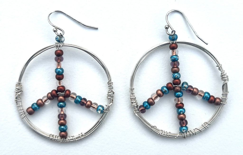 Wire-Wrapped Silver Peace Earrings with Metallic Blue and Copper Beads