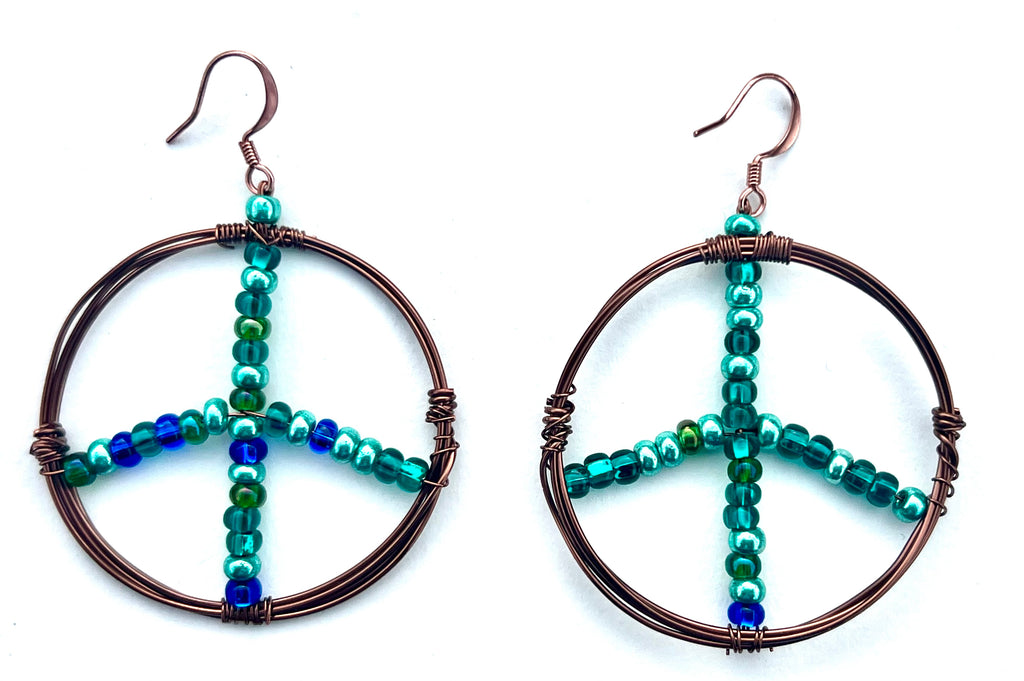 Wire-Wrapped Copper Peace Earrings with Green Beads