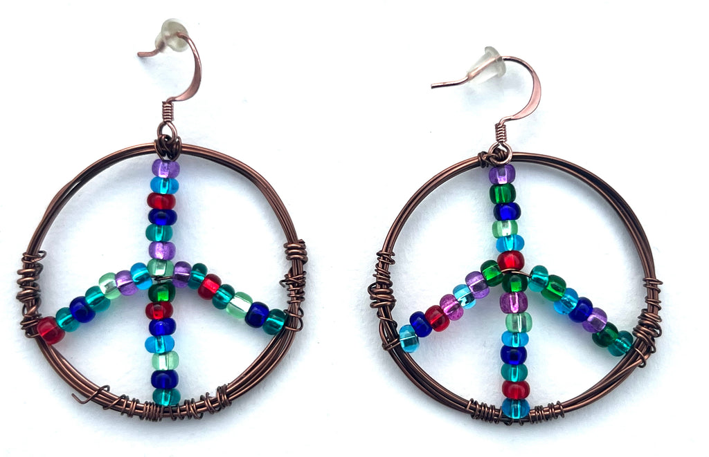 Wire-Wrapped Copper Peace Earrings with Bright Beads