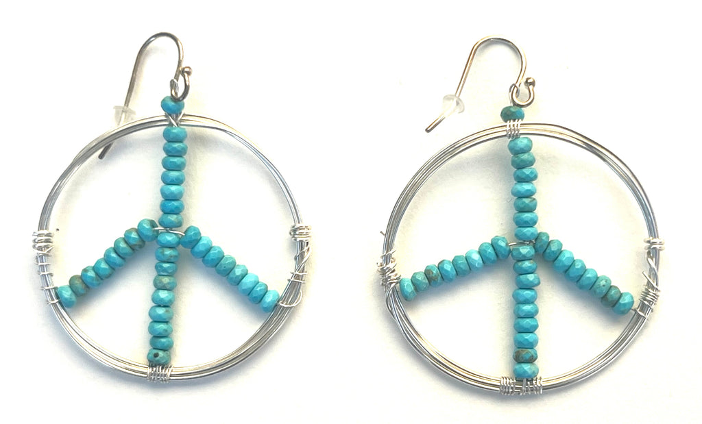 Wire-Wrapped Silver Peace Earrings with Turquoise Beads