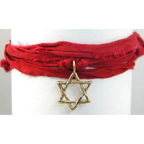 Amery Carriere Red Sari Wrap Bracelet with Brass Star of David Charm