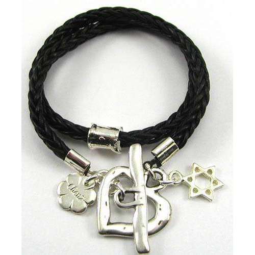Chen Z Black Leather Bracelet With Heart and Star of David