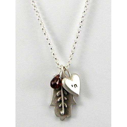 Emily Rosenfeld Hamsa Necklace with Chai Heart Charm and Dangling Garnet