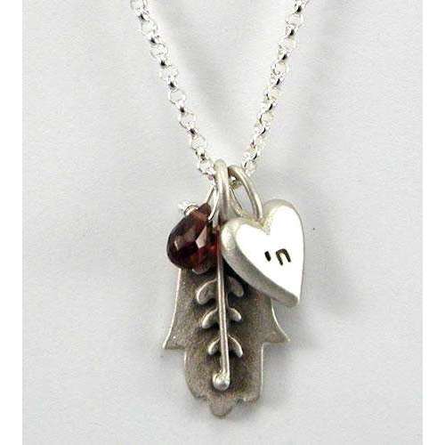 Emily Rosenfeld Hamsa Necklace with Chai Heart Charm and Dangling Garnet