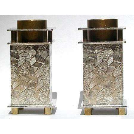 Joy Stember Pewter and Brass Shabbat Candlesticks with Patchwork Texture