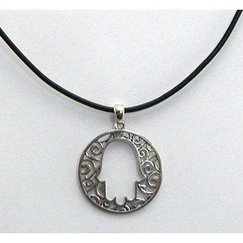 Michael Bromberg Pretty Hamsa With Swirls of Silver on Leather Cord