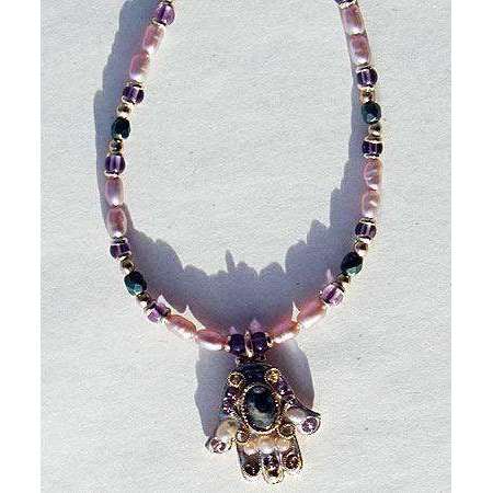 Michal Golan Abalone and Amethyst Hamsa Necklace