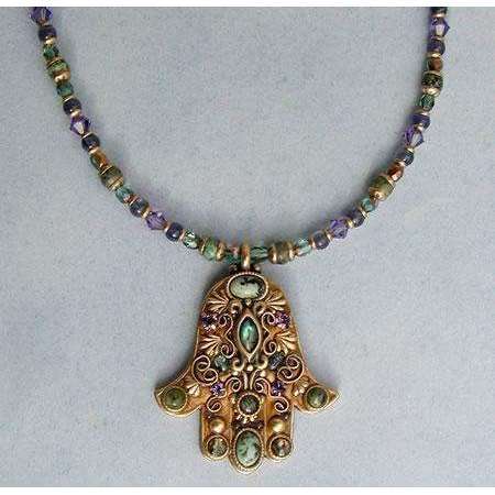 Michal Golan African Turquoise, Abalone and Amethyst Hamsa Necklace