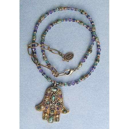 Michal Golan African Turquoise, Abalone and Amethyst Hamsa Necklace