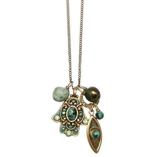 Michal Golan African Turquoise Hamsa and Evil Eye Cluster Charm Necklace