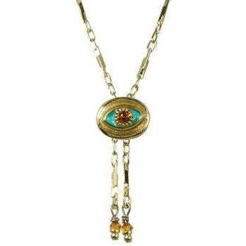 Michal Golan Amber, Teal and Gold Evil Eye Oval Pendant with Drop Beads