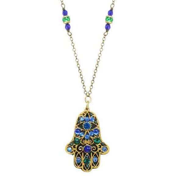 Michal Golan Black and Blue Hamsa Necklace with Green Crystals