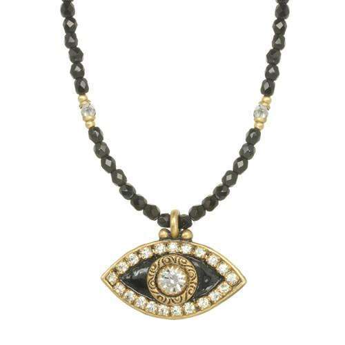 Michal Golan Black and Crystal Evil Eye Necklace on Beaded Chain