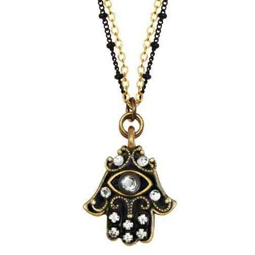 Michal Golan Black and Gold Hamsa Necklace with Evil Eye with Silver Crystals