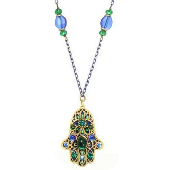 Michal Golan Black and Green Hamsa Necklace with Blue Crystals