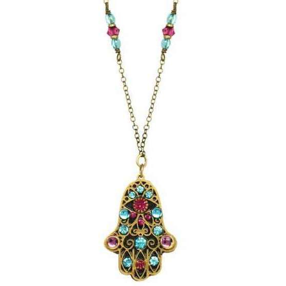 Michal Golan Black and Red Hamsa Necklace with Blue Crystals