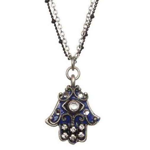 Michal Golan Blue and Silver Hamsa Necklace with Evil Eye on Double Chain