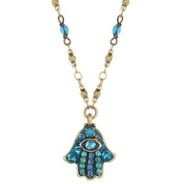 Michal Golan Blue Crystal Hamsa Necklace with Evil Eye