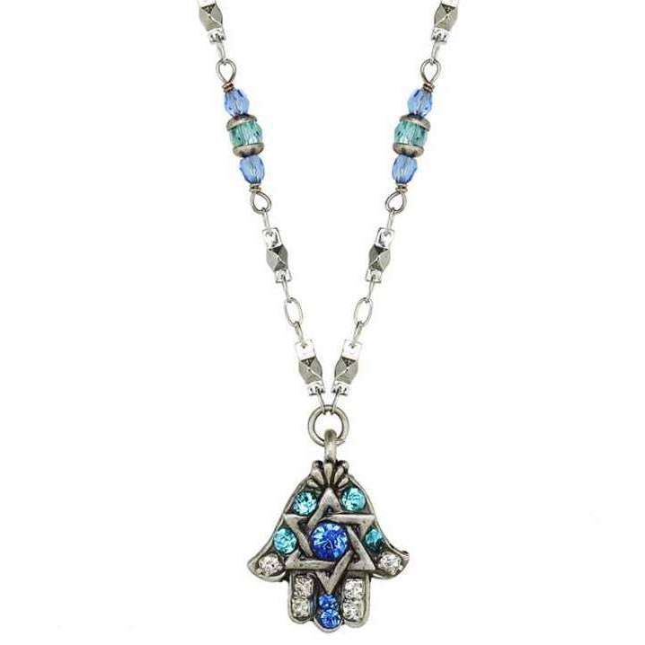 Michal Golan Blue Crystal Hamsa Necklace with Star of David