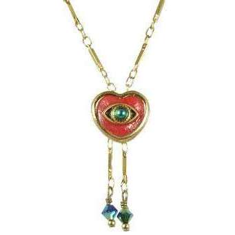 Michal Golan Blue, Gold and Red Evil Eye Heart Pendant Necklace With Drop Beads