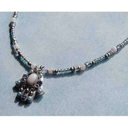 Michal Golan Blue Lace and Agate Hamsa Necklace