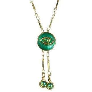 Michal Golan Brilliant Green and Gold Evil Eye Round Pendant Necklace with Round Drop Beads