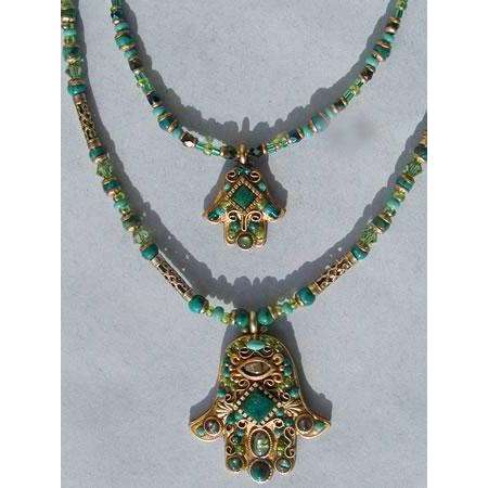 Michal Golan Chrysocolla, Chinese Turquise, Abalone and Glass Beads Hamsa Necklace