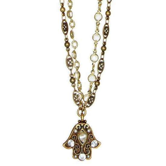 Michal Golan Clear Crystal Double Chain Hamsa Necklace